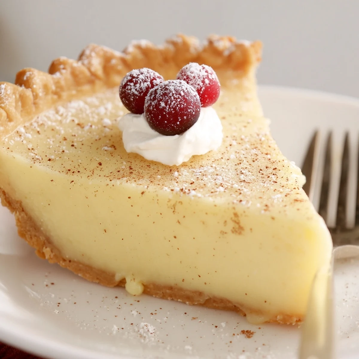 Warm slice of Christmas Eve Custard Pie With Cinnamon Vanilla served with whipped cream.
