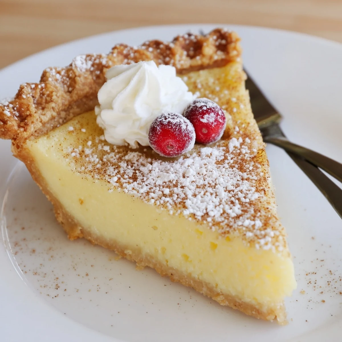 Close-up of Christmas Eve Custard Pie With Cinnamon Vanilla, creamy filling and sugar dusting.