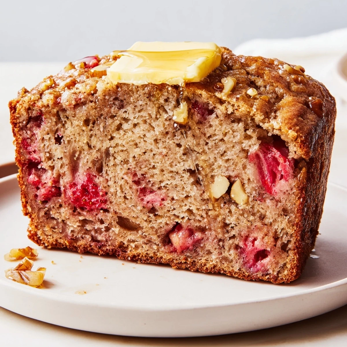 Strawberry Banana Bread Recipe showing a golden loaf steaming, sliced and studded with fruit