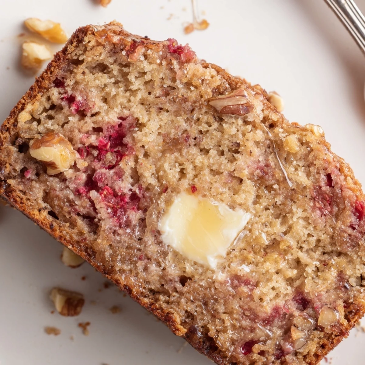 Close-up of moist crumb in Strawberry Banana Bread Recipe, bursting with strawberries