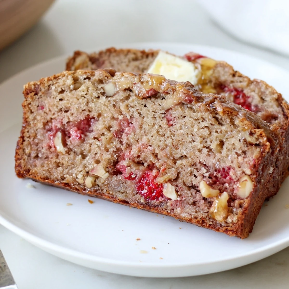 Fresh-baked Strawberry Banana Bread Recipe plated warm with melting butter