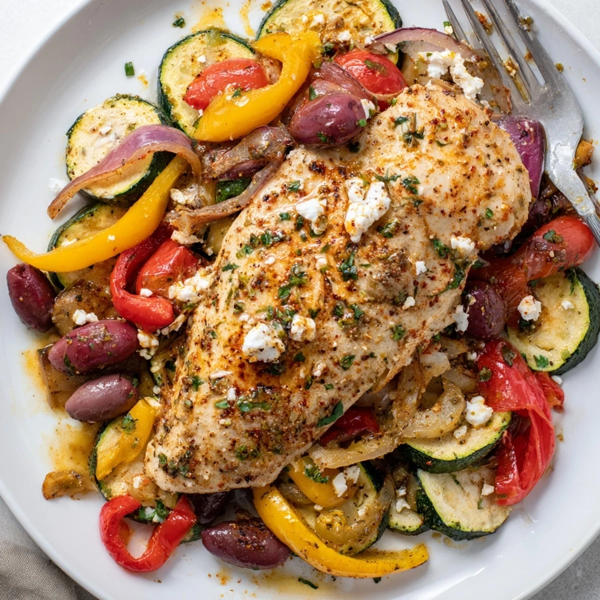 Sheet Pan Mediterranean Chicken Zucchini roasting with golden veggies, briny olives, crumbled feta