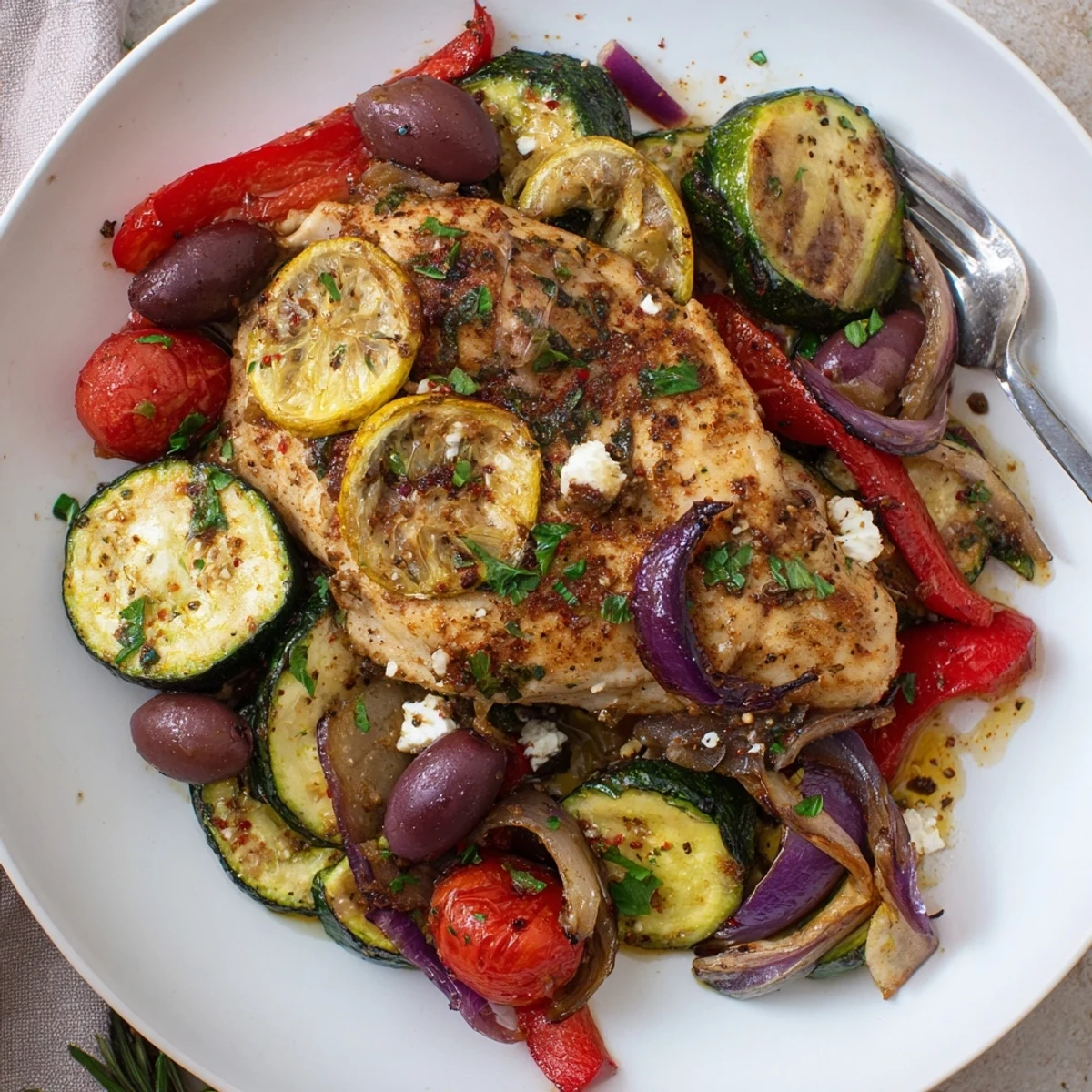 Serve Sheet Pan Mediterranean Chicken Zucchini straight from oven, lemony juices spooned over