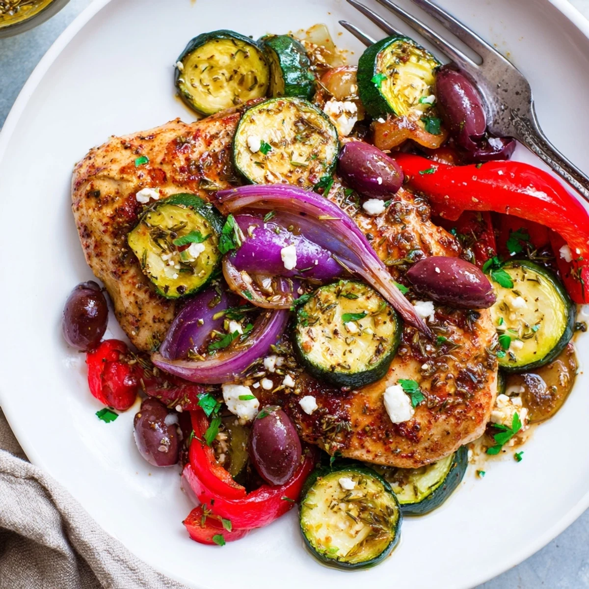 Close-up of Sheet Pan Mediterranean Chicken Zucchini, tender chicken alongside charred zucchini slices