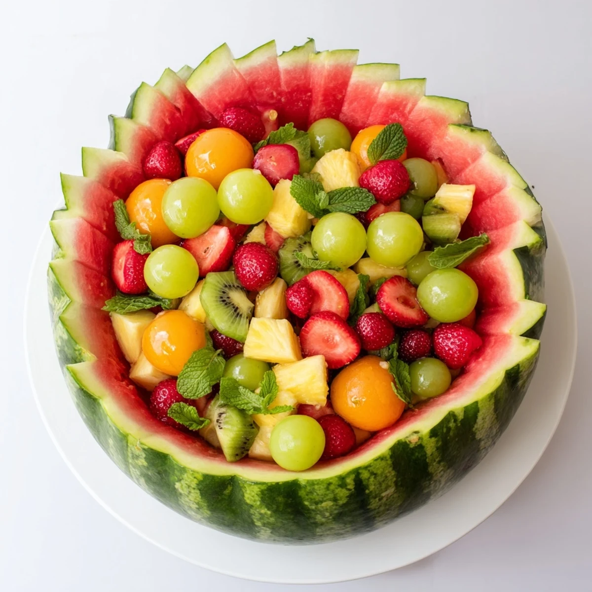 Carved watermelon basket overflowing with colorful fresh fruit salad for summer parties