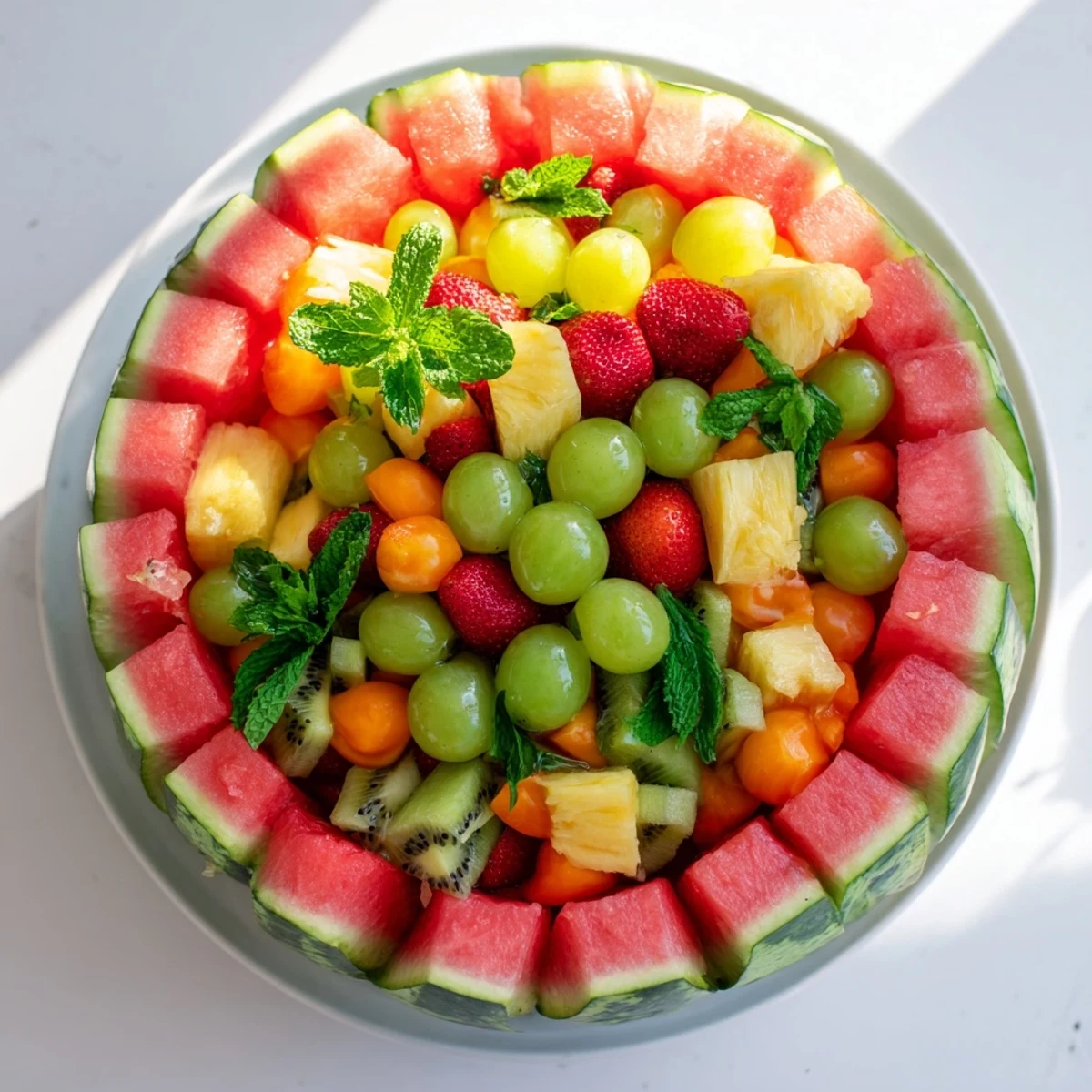 Refreshing watermelon basket filled with mixed melon berries and kiwi for entertaining