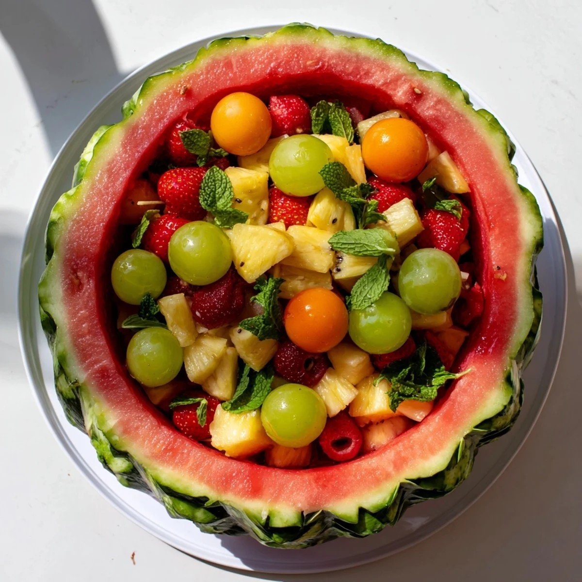 Vibrant fruit salad served inside creative watermelon basket at outdoor gathering