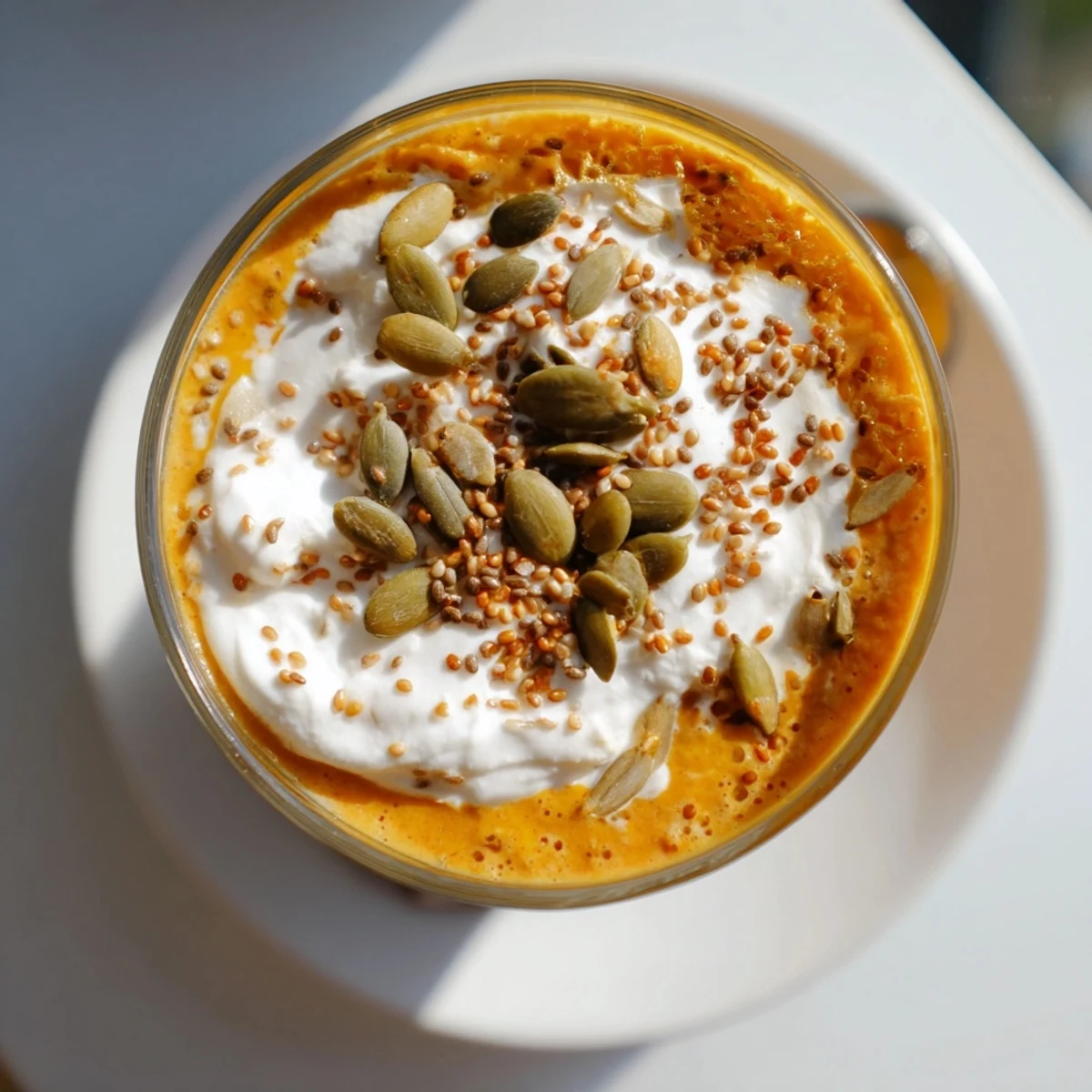 Garnished glass of creamy pumpkin chia refreshment topped with whipped cream and pumpkin seeds