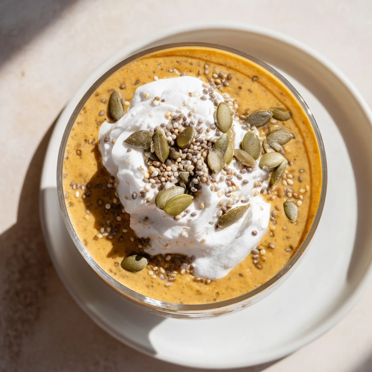 Silky chilled pumpkin chia drink in a clear glass with autumn spice dusting on top