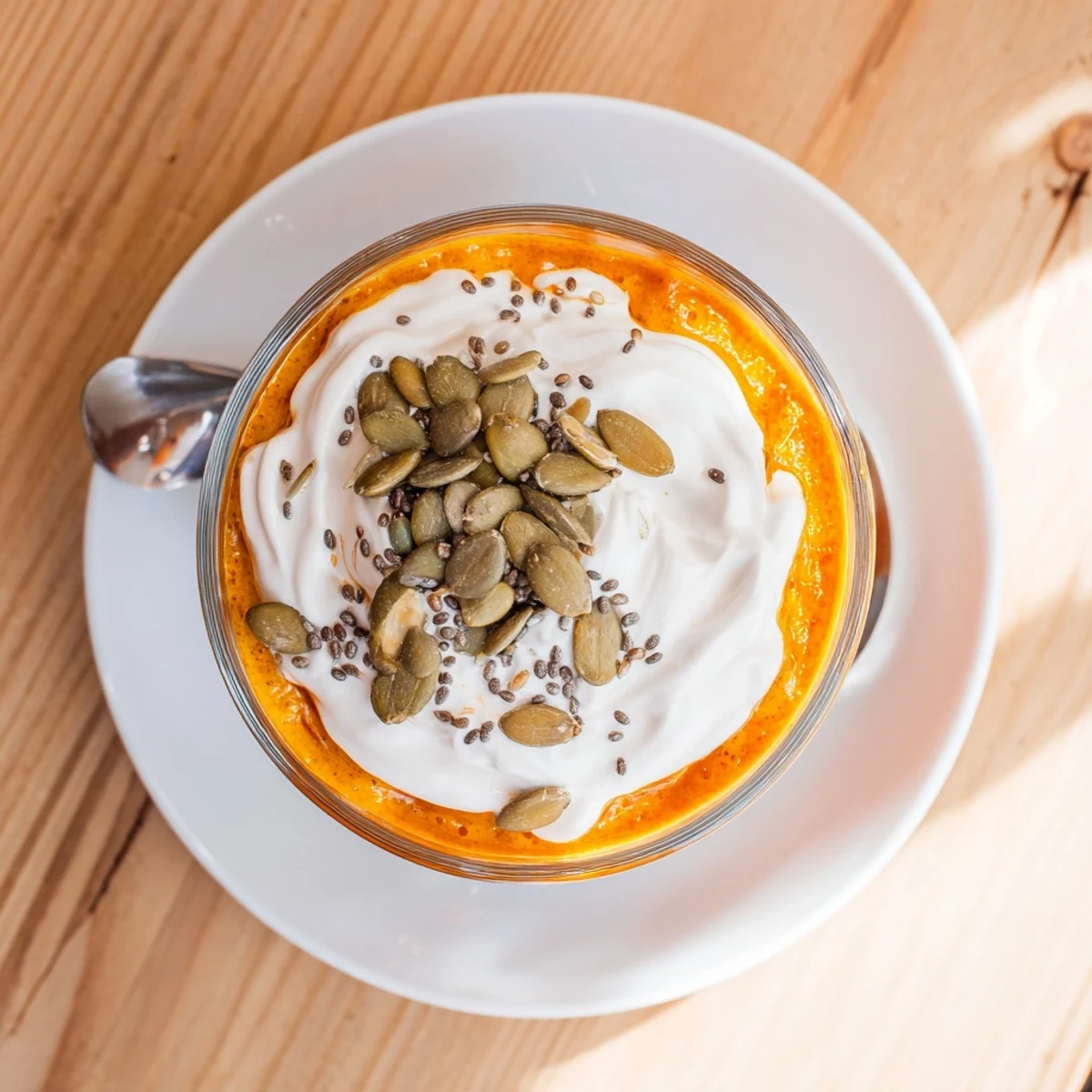Creamy pumpkin chia refreshment served chilled with whipped topping and toasted seed garnish