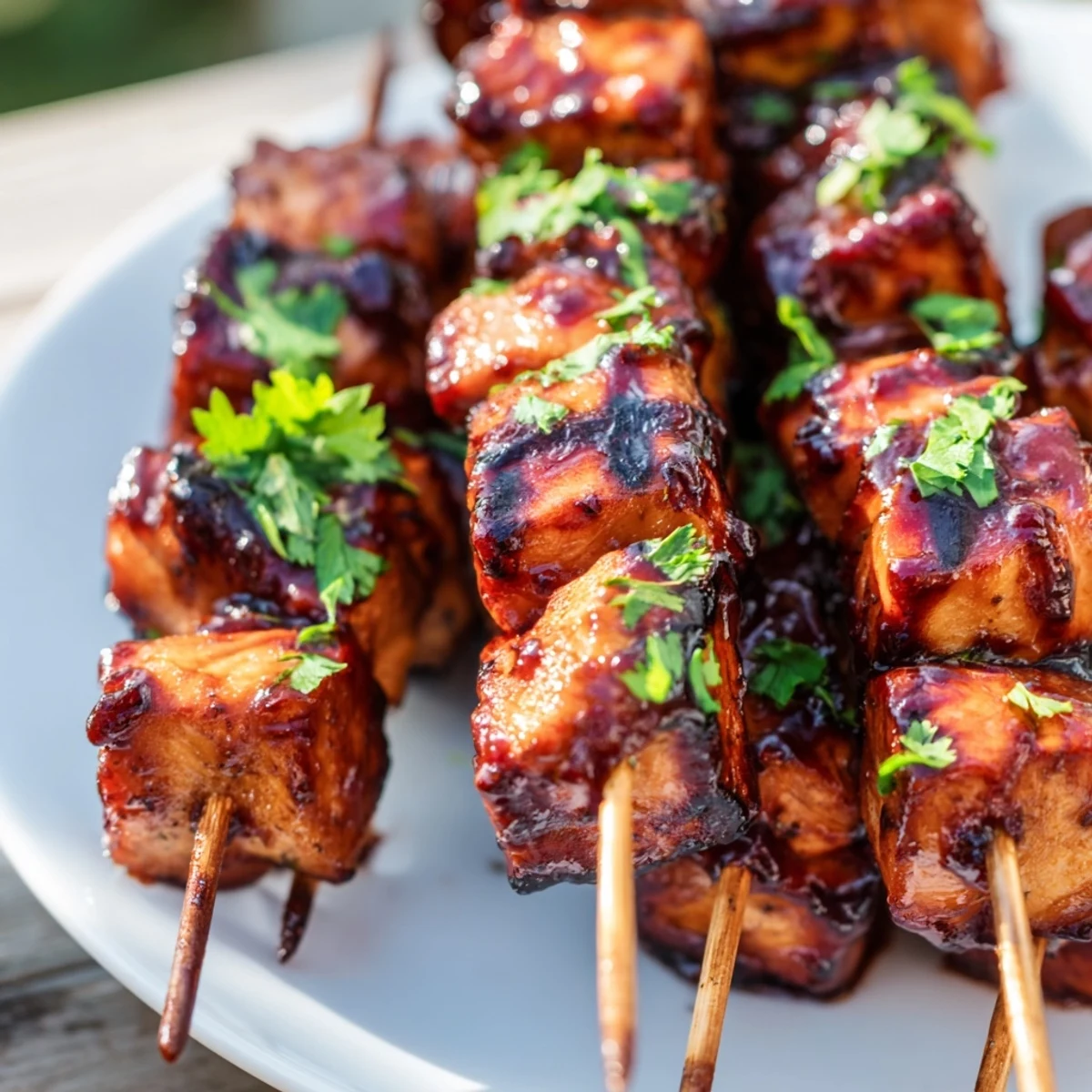 Fresh BBQ chicken skewer salad featuring grilled meat over crisp mixed greens and colorful vegetables