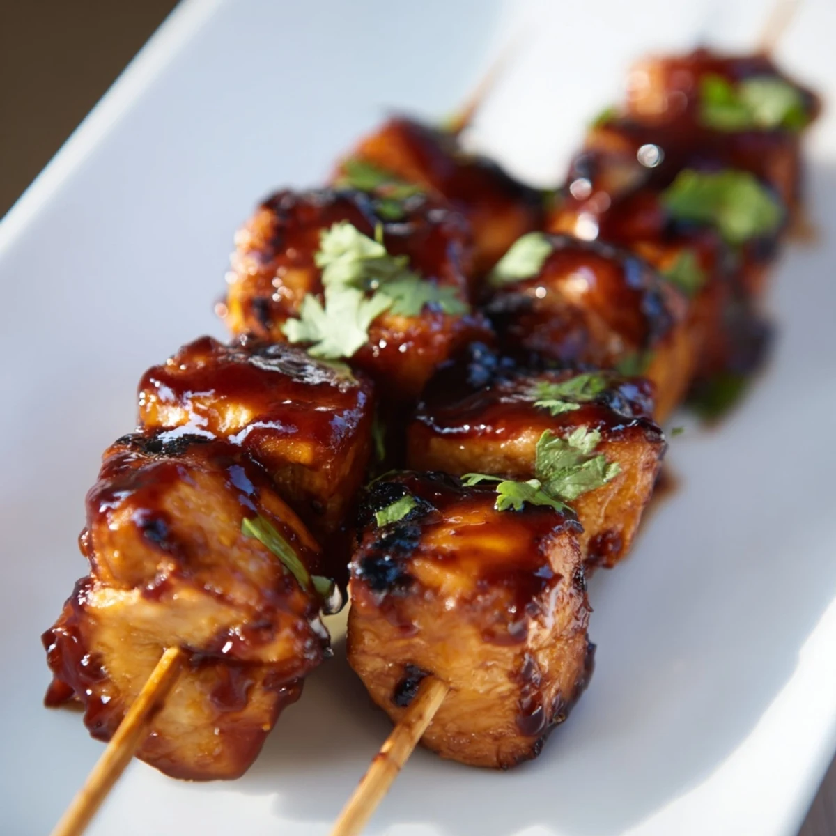 Vibrant summer bowl with smoky BBQ chicken skewers atop romaine, cherry tomatoes, and creamy avocado slices