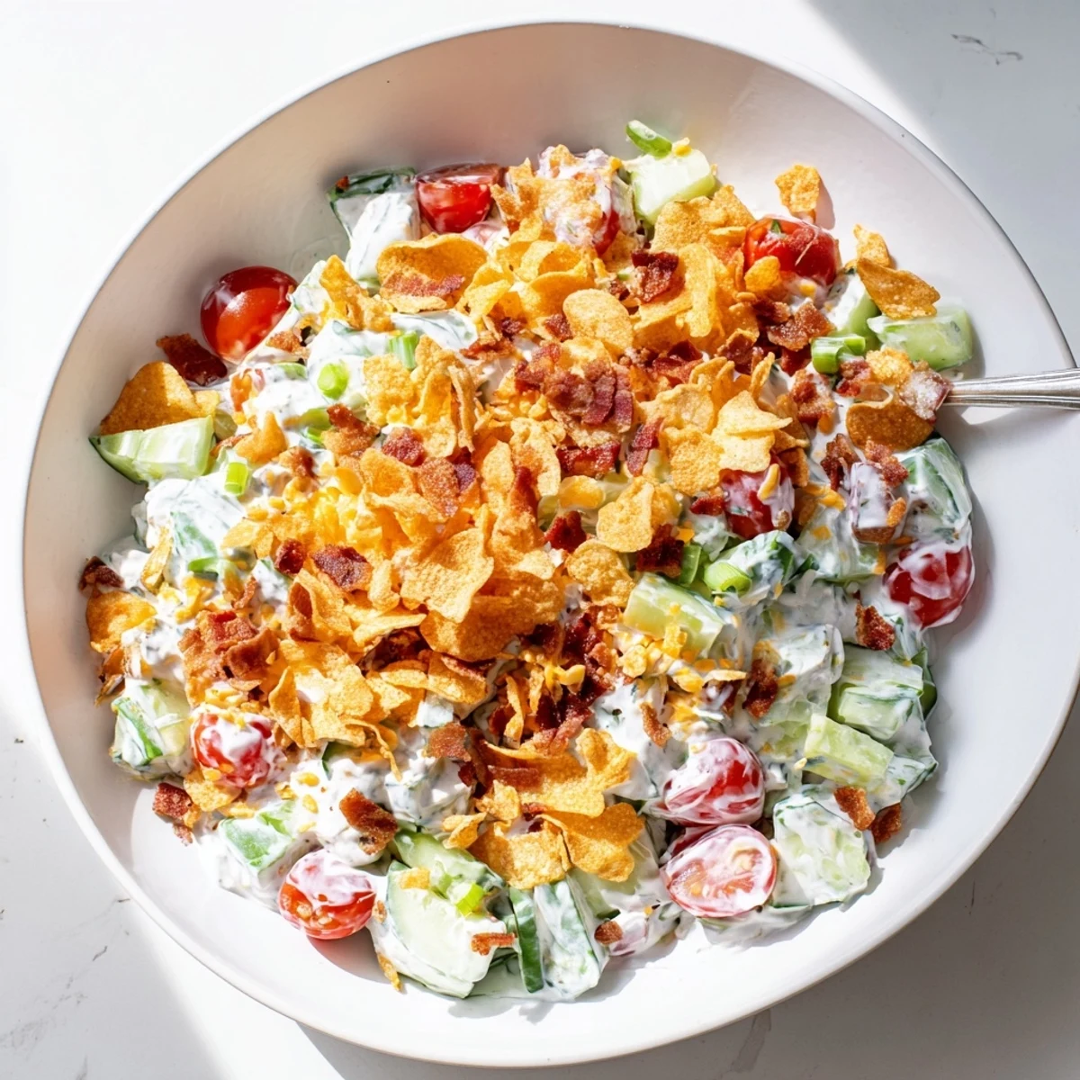Fresh cucumber ranch crack salad topped with crispy bacon bits and melted cheddar cheese