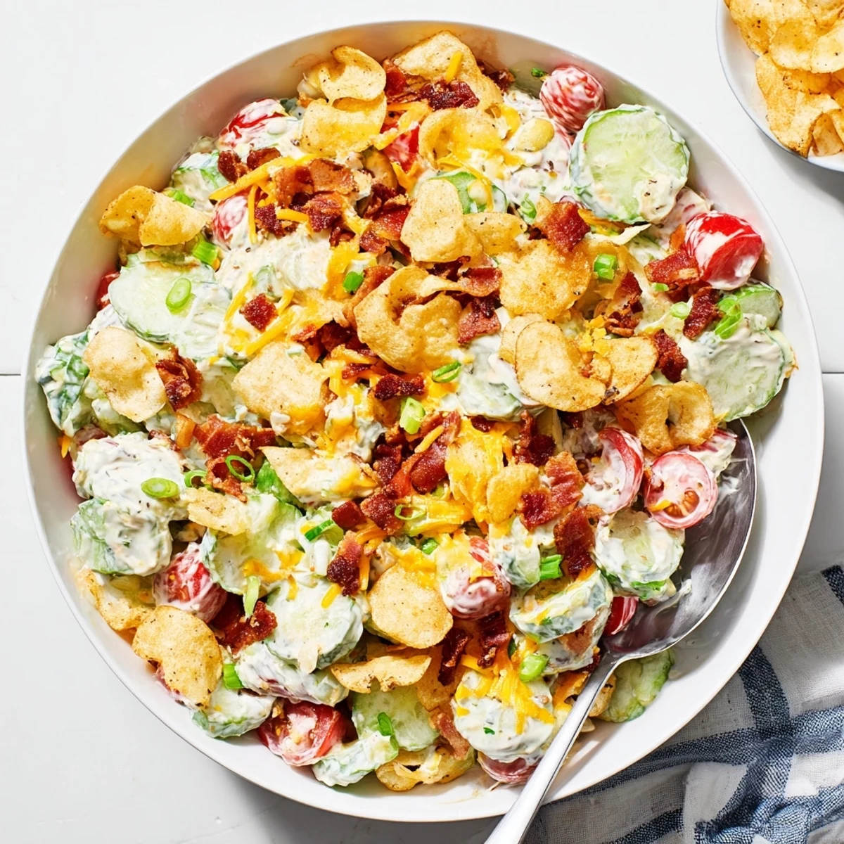 Creamy ranch cucumber salad bowl with cherry tomatoes, crunchy bacon, and shredded cheese topping