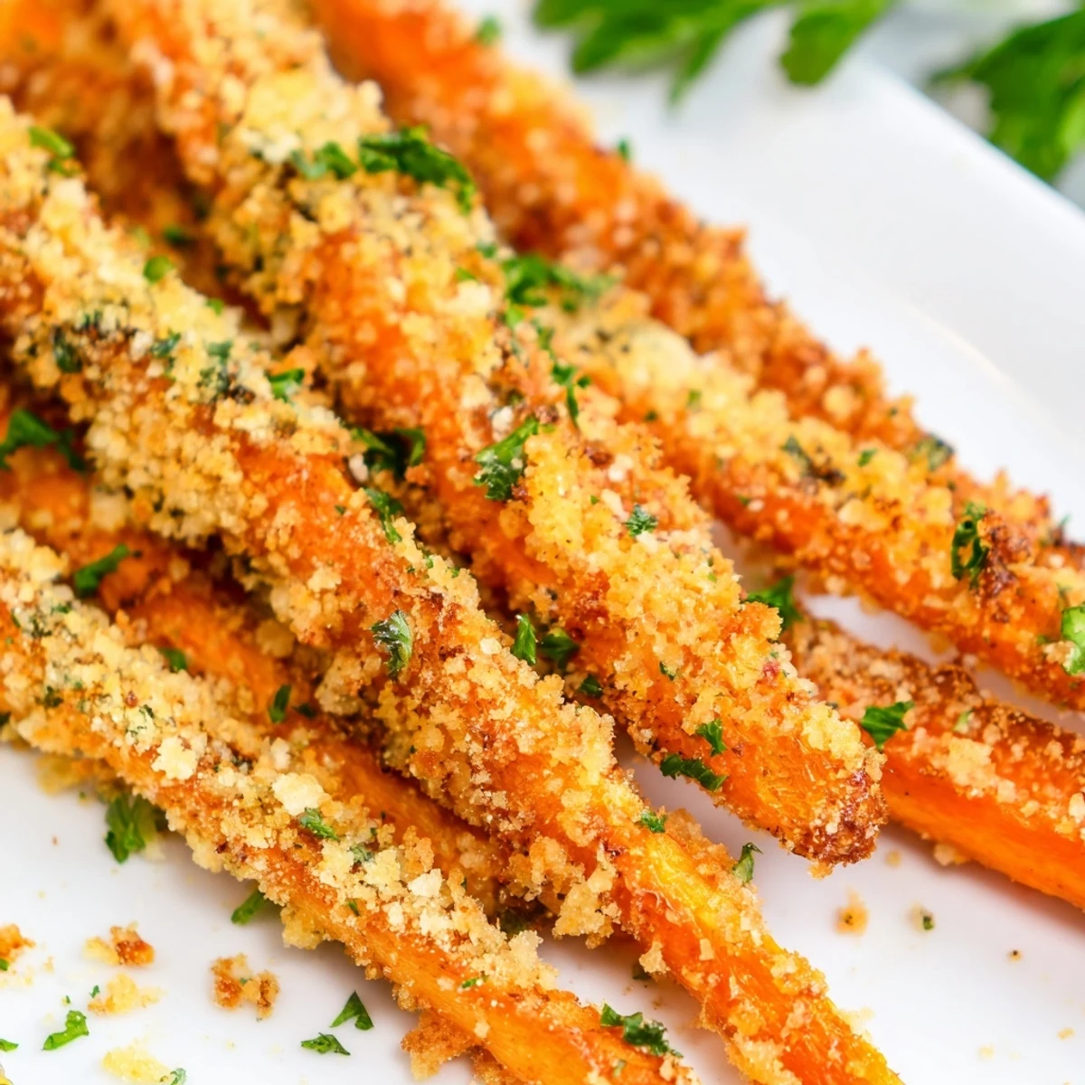 Golden roasted Parmesan carrots arranged on a white baking sheet with crispy cheese coating