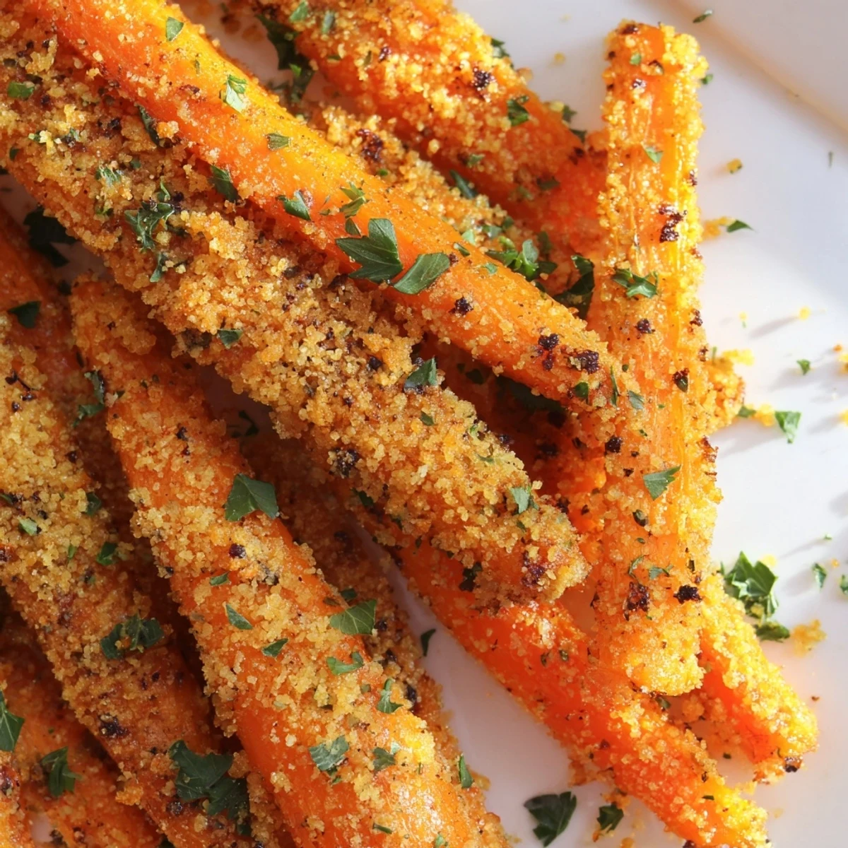 Tender carrot sticks coated in savory Parmesan breadcrumbs, perfectly roasted to golden brown crispiness