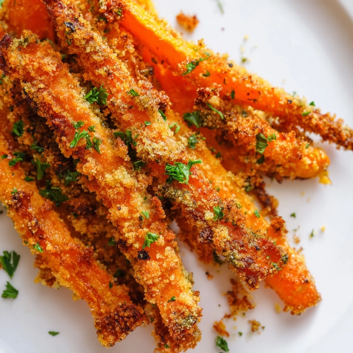 Plate of crispy parmesan carrots garnished with fresh parsley, ready to serve as side dish