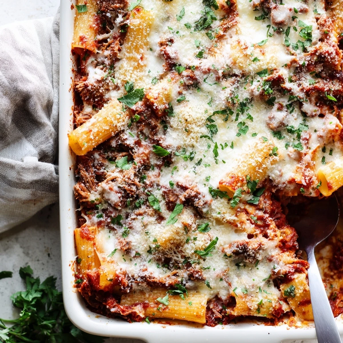 Golden brown chuck roast pasta bake bubbling with melted mozzarella and rich tomato sauce