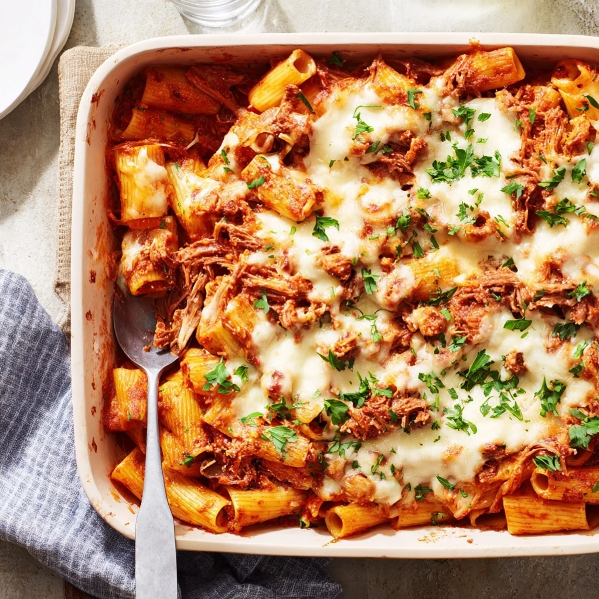 Hearty rigatoni casserole layered with tender slow-cooked beef and cheesy topping