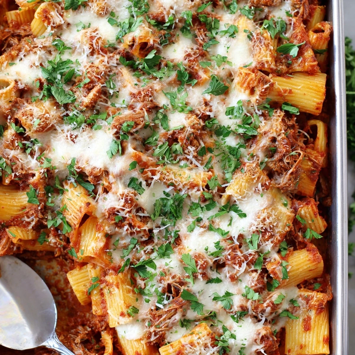Savory chuck roast pasta bake featuring shredded beef in tomato sauce under golden Parmesan crust