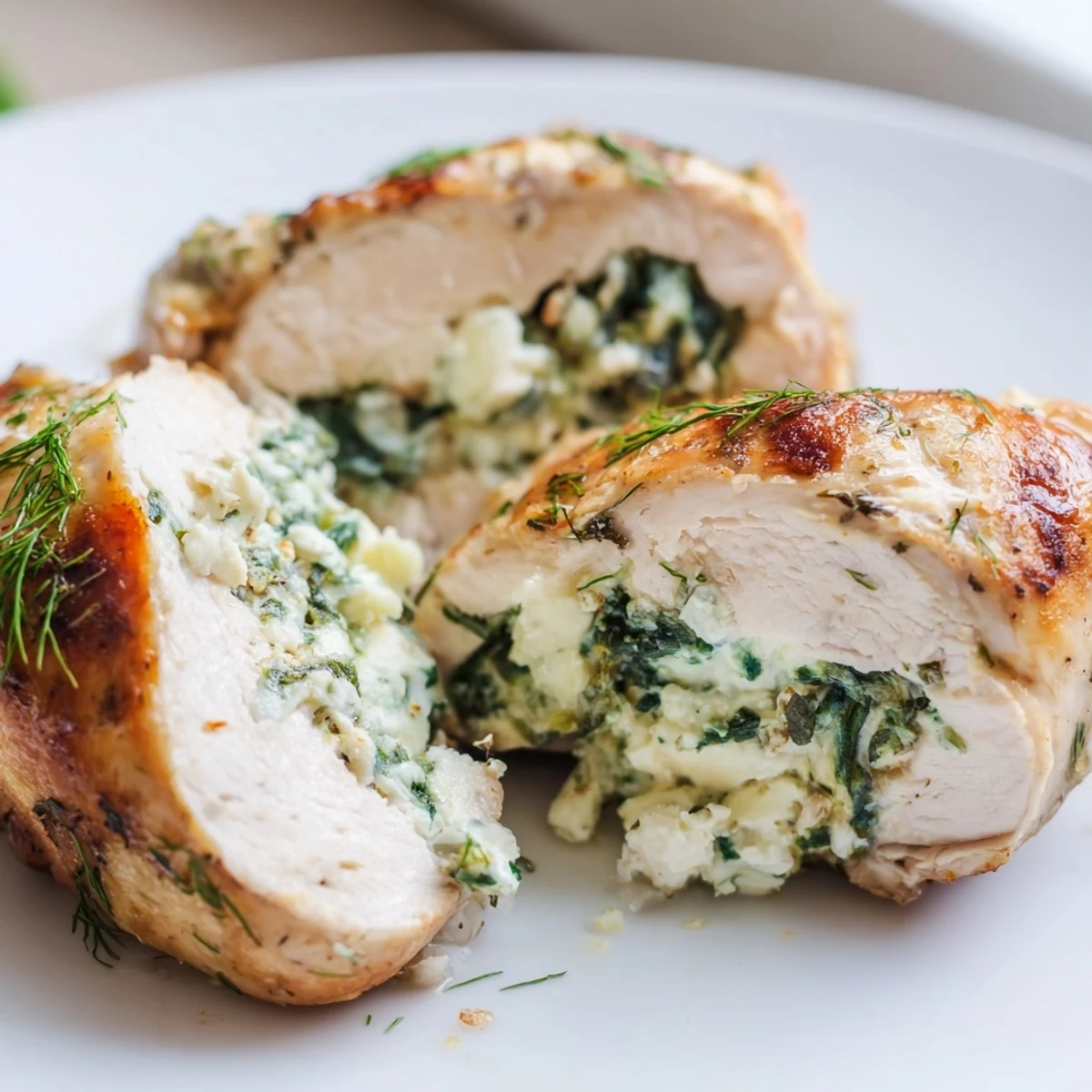 Golden chicken breast with feta and spinach featuring a creamy stuffed center and tender baked texture