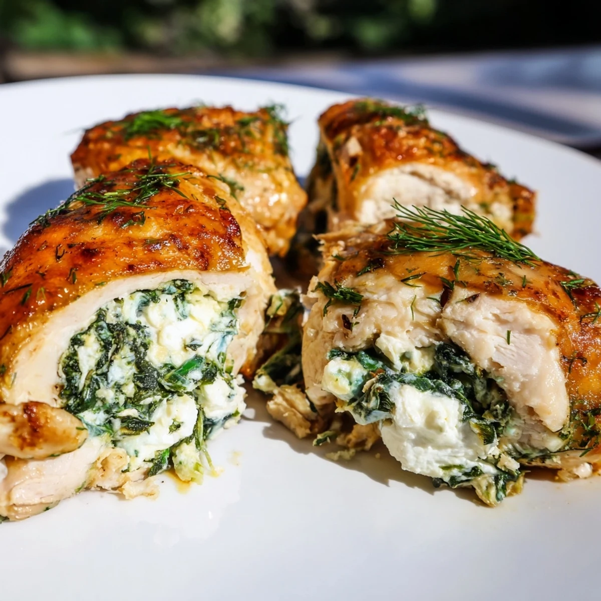 Mediterranean-style stuffed chicken breast oozing with feta cheese and spinach on a white serving plate