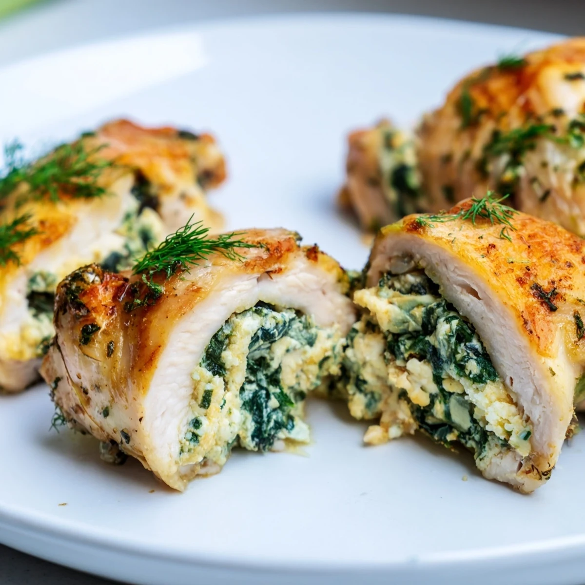 Juicy oven-baked chicken breast sliced to reveal the spinach and feta filling inside