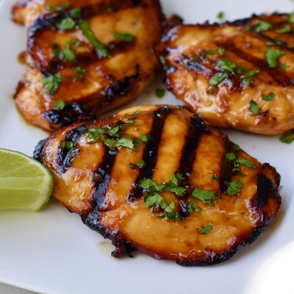 Golden brown Key West grilled chicken with char marks and fresh cilantro garnish