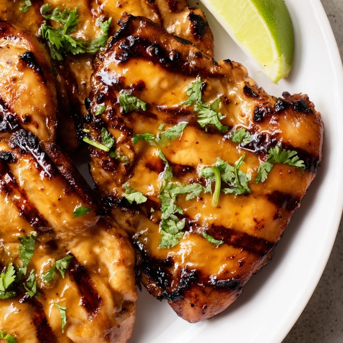Tender honey lime marinated Key West grilled chicken resting on a white plate