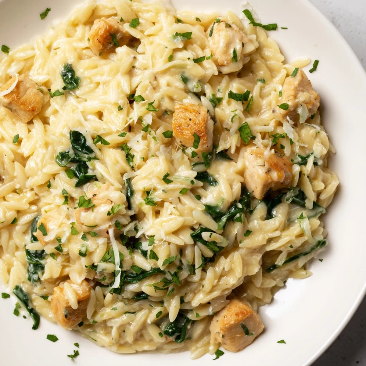 Golden chicken cubes and wilted spinach swirled through spicy pepper jack cheese orzo pasta