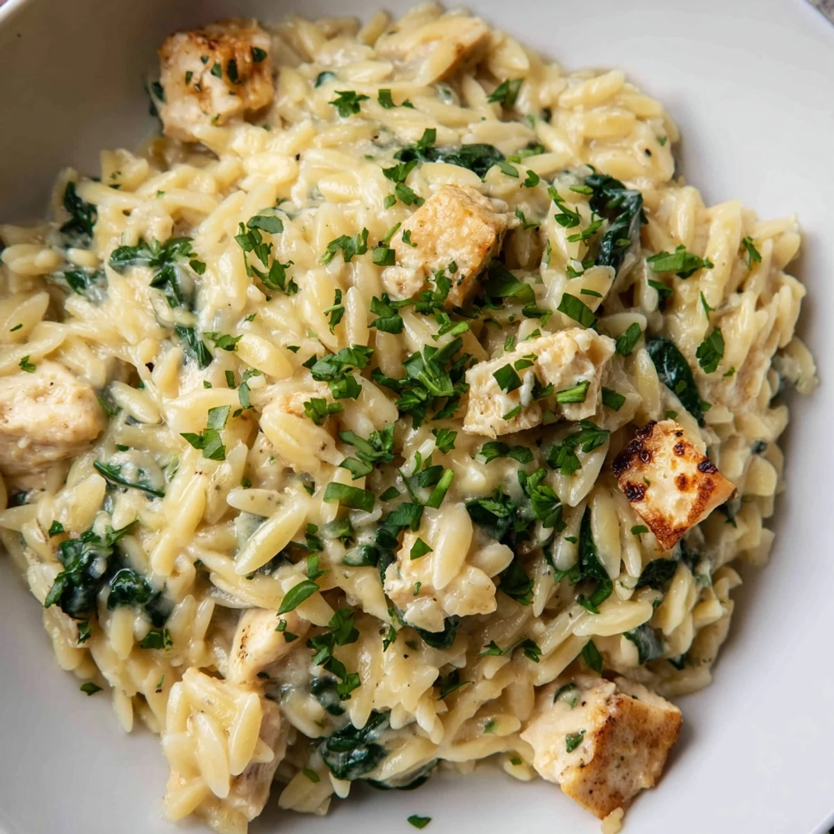 Creamy garlic butter pepper jack chicken orzo in a white skillet topped with fresh parsley