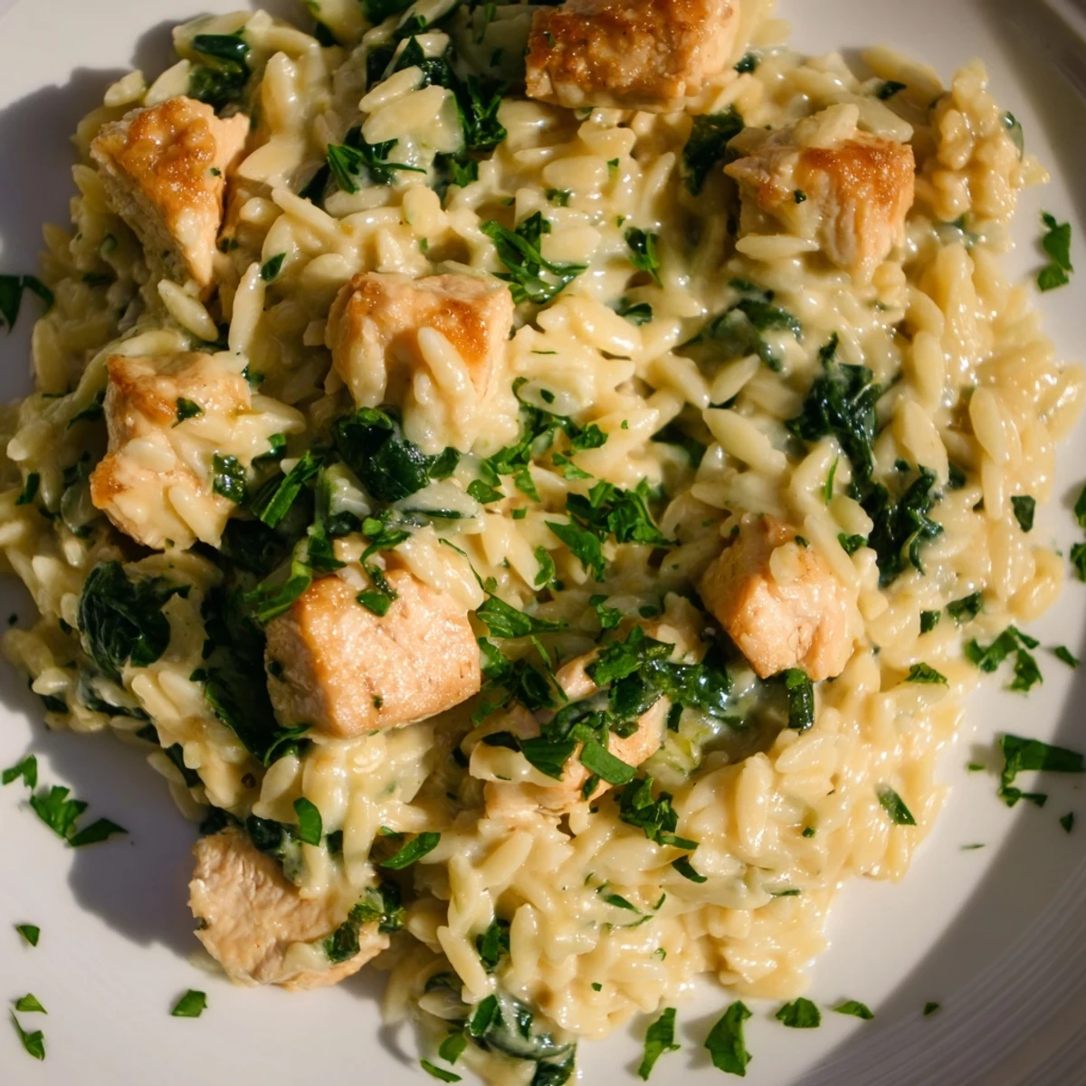 One-pan pepper jack chicken orzo featuring tender pasta melting in garlic butter cream sauce