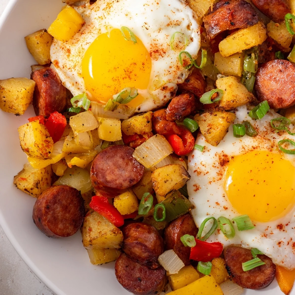 Golden Cajun beef sausage breakfast hash with crispy potatoes and sunny-side up eggs in a cast iron skillet