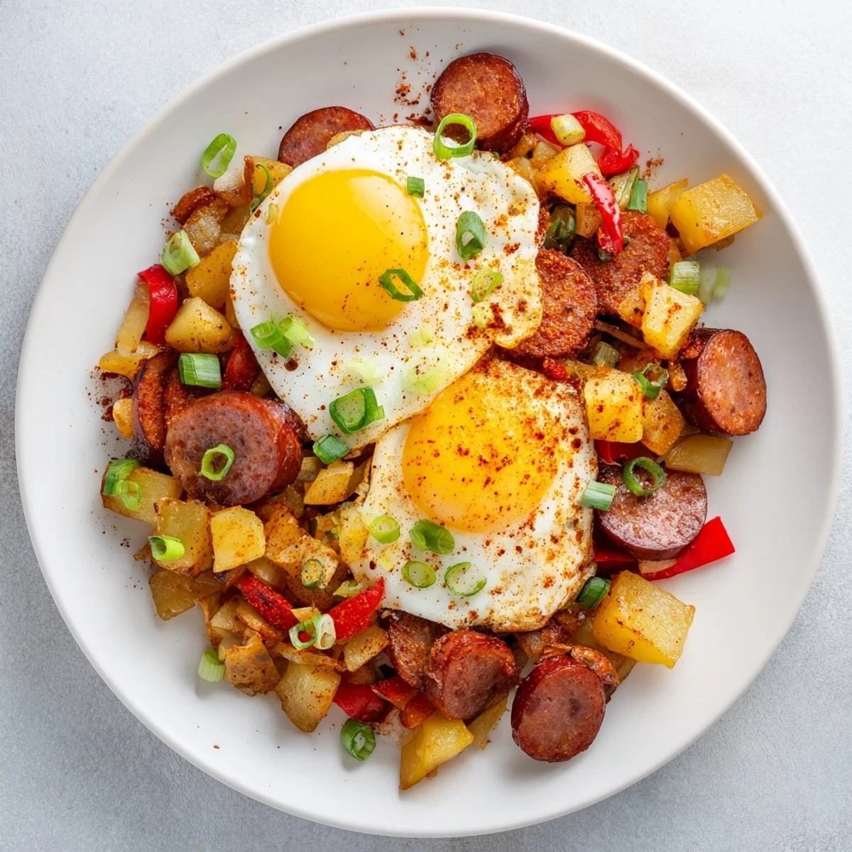 Hearty southern-style Cajun beef sausage hash featuring diced potatoes, bell peppers, and perfectly cooked eggs for breakfast