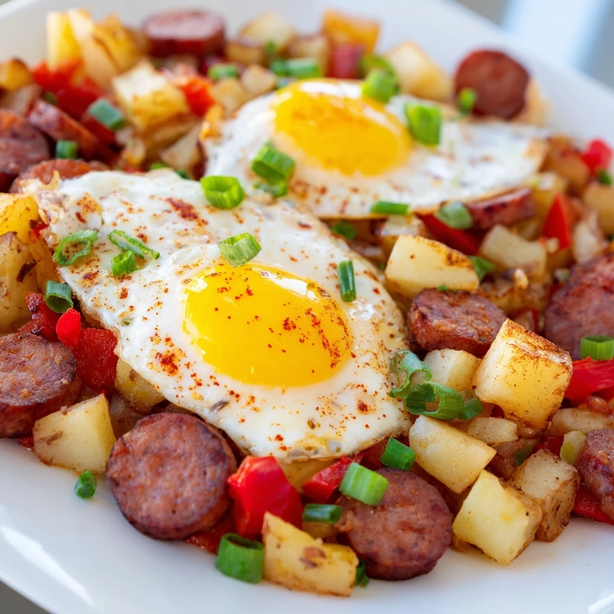 Spicy Cajun beef sausage breakfast skillet with tender potatoes, vegetables, and fried eggs garnished with green onions