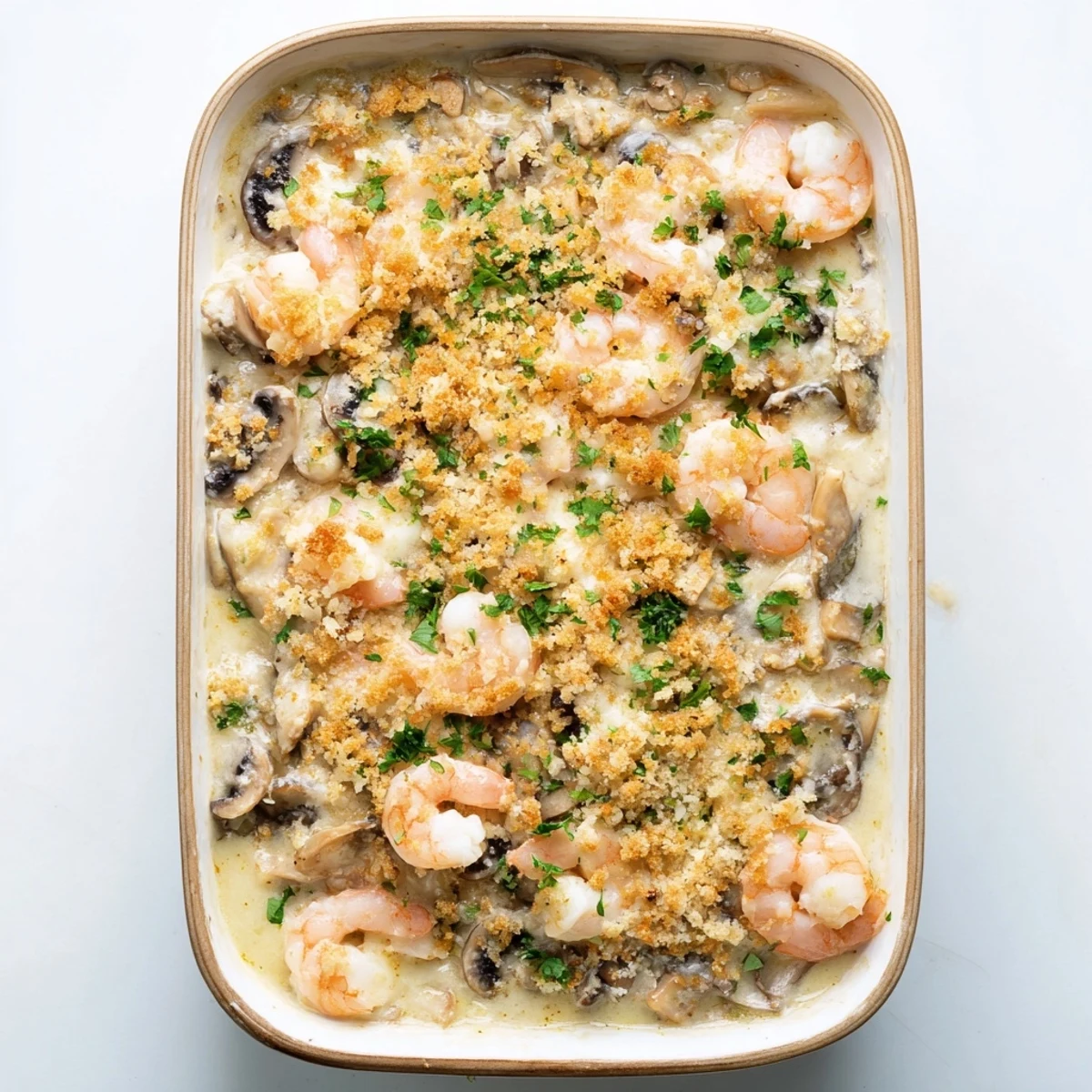 Golden-baked shrimp mushroom casserole with creamy sauce and crispy panko topping bubbling in dish