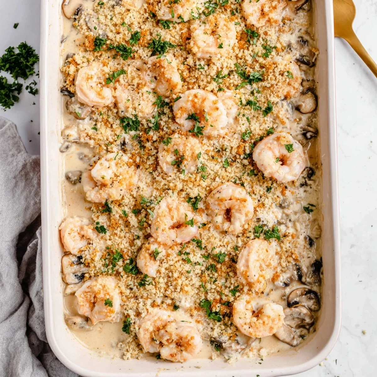 Creamy shrimp mushroom casserole featuring tender shrimp and sliced mushrooms in a rich velvety sauce