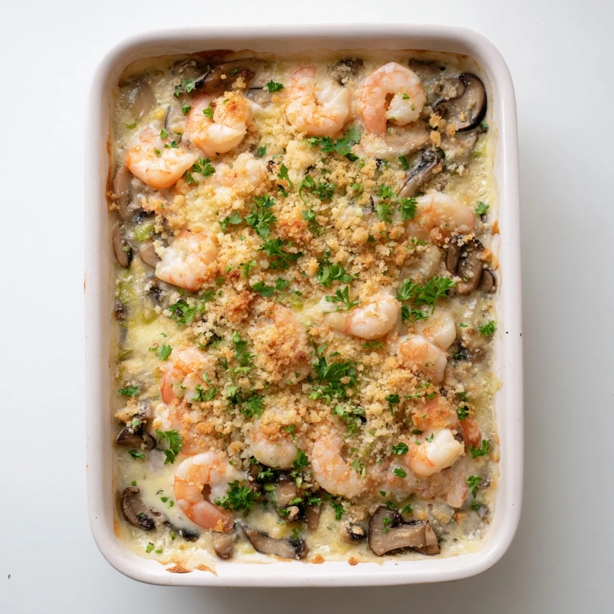 Bubbling shrimp mushroom casserole sprinkled with buttery parmesan panko crumbs fresh from the oven