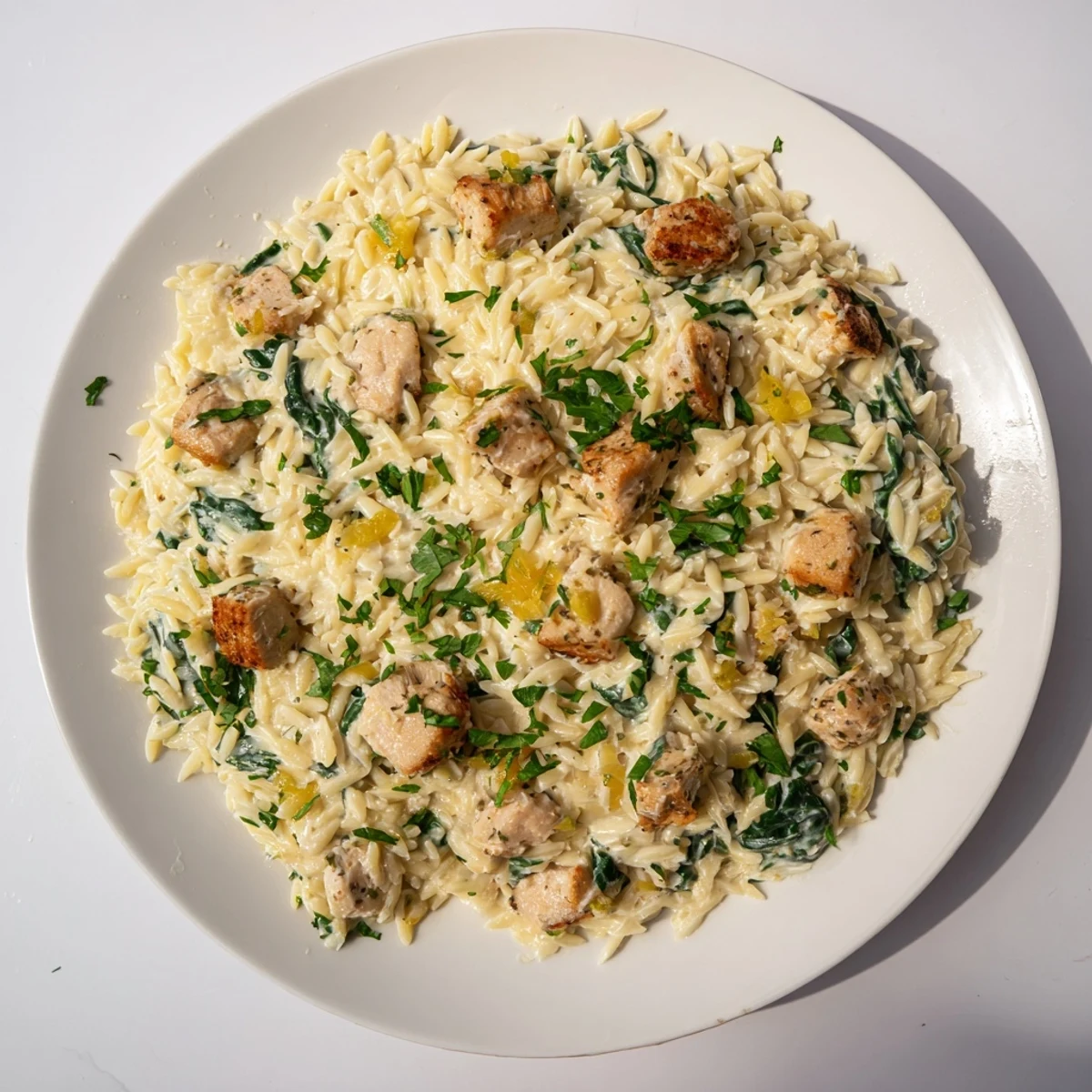 Creamy one pan Boursin chicken orzo with spinach garnished with fresh parsley ready to serve.