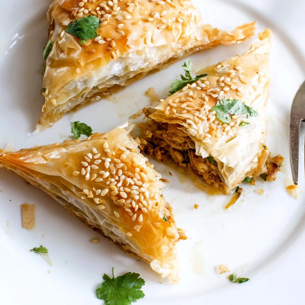 Triangular phyllo pastries filled with seasoned chicken and cinnamon-spiced Moroccan flavors, ready for serving
