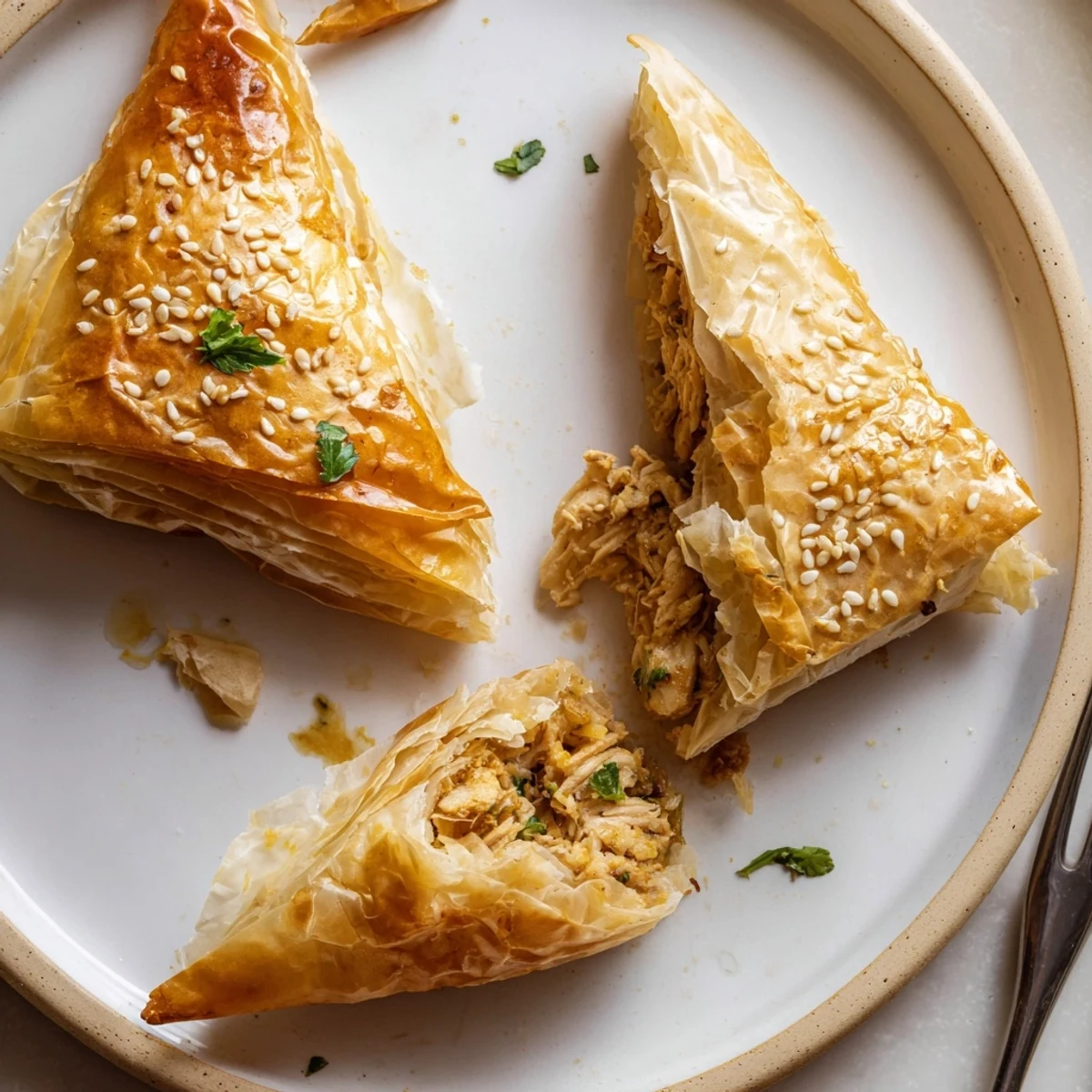 Crispy baked chicken briouats featuring spiced meat filling wrapped in buttery golden phyllo dough triangles