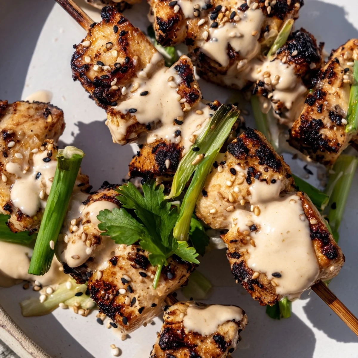 Golden Bang Bang chicken skewers coated in creamy spicy red sauce with sesame seed garnish