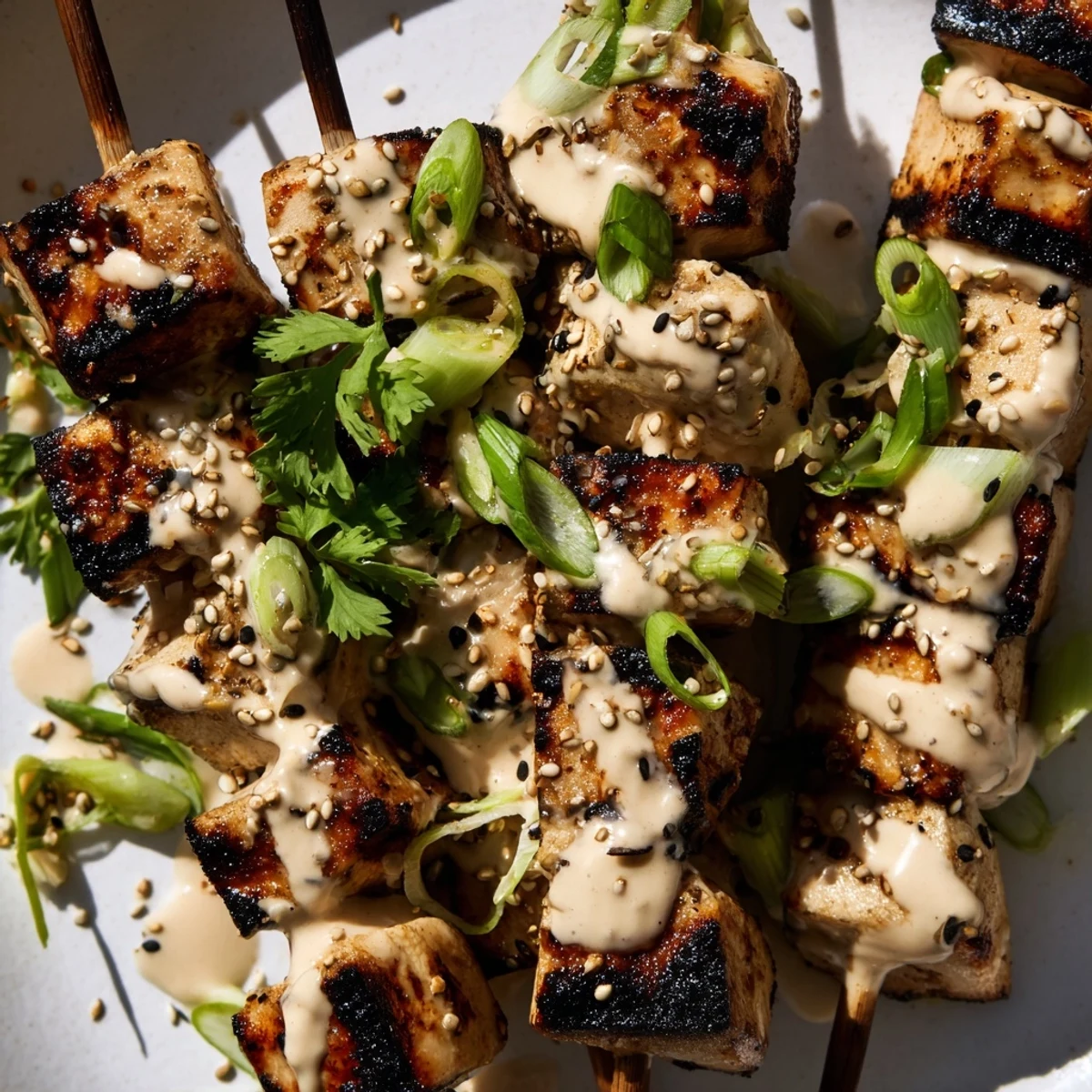 Plate of Bang Bang chicken skewers featuring charred meat and thick white glaze topping