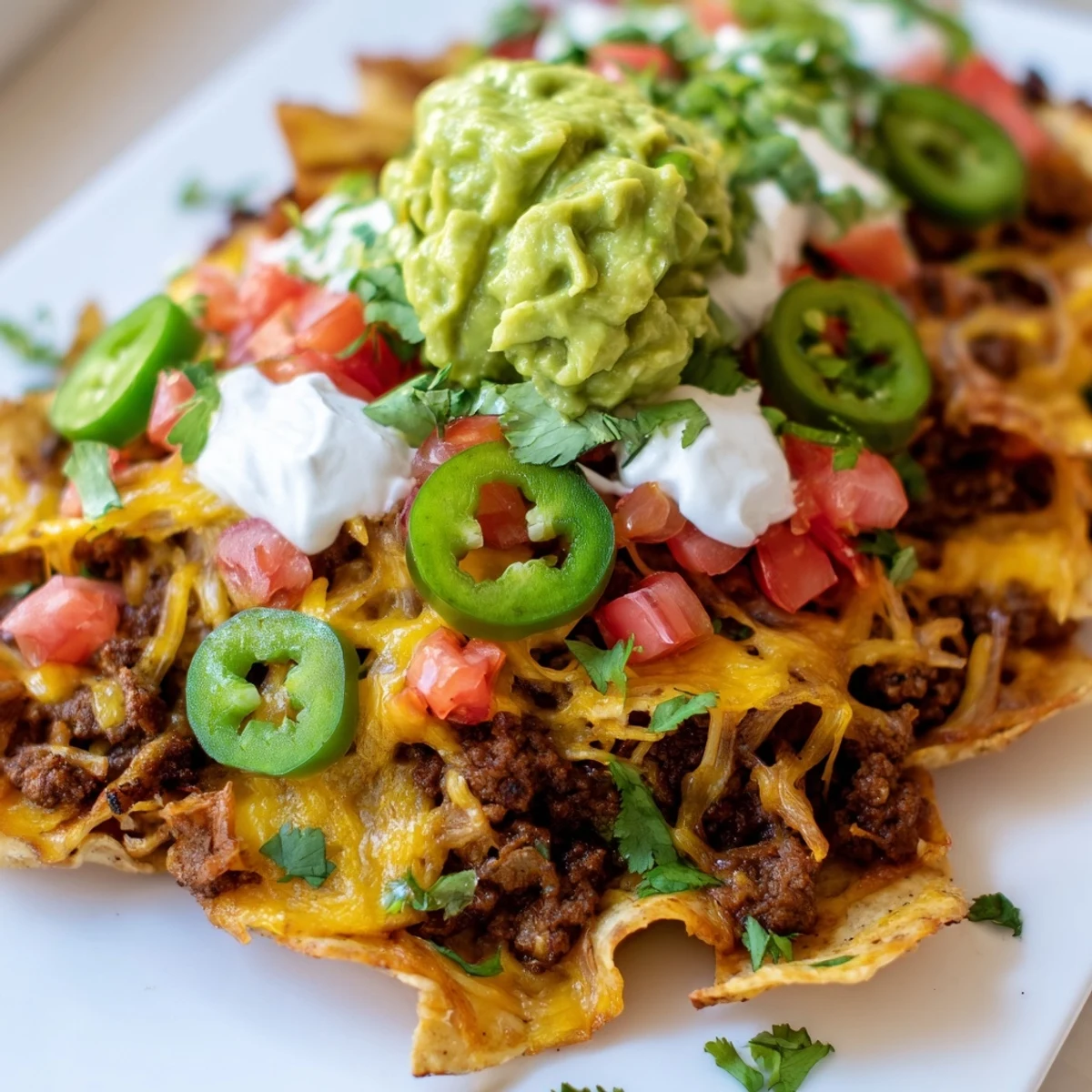 Golden Tex-Mex Texas Nachos piled high with spiced ground beef, jalapeños, and sour cream