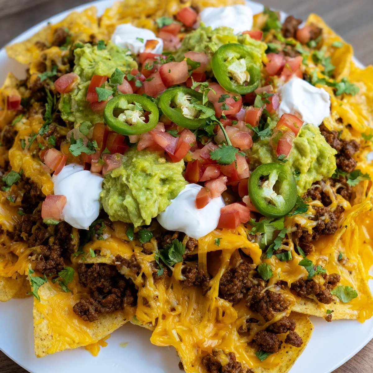Delicious layered Texas Nachos featuring bubbly cheese, savory beef mixture, and vibrant garnishes