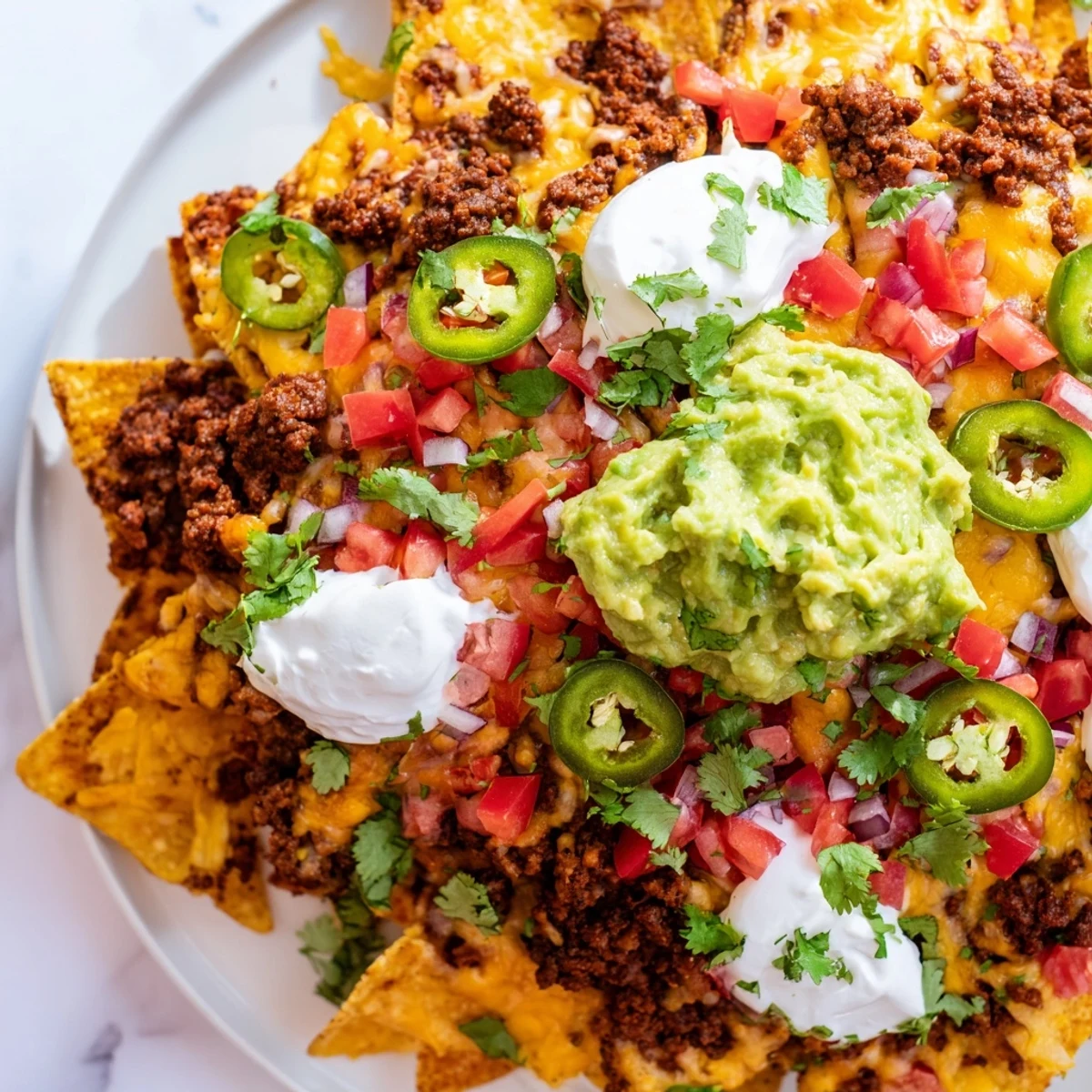 Crispy Texas Nachos loaded with seasoned beef, melted cheddar cheese, and colorful fresh toppings