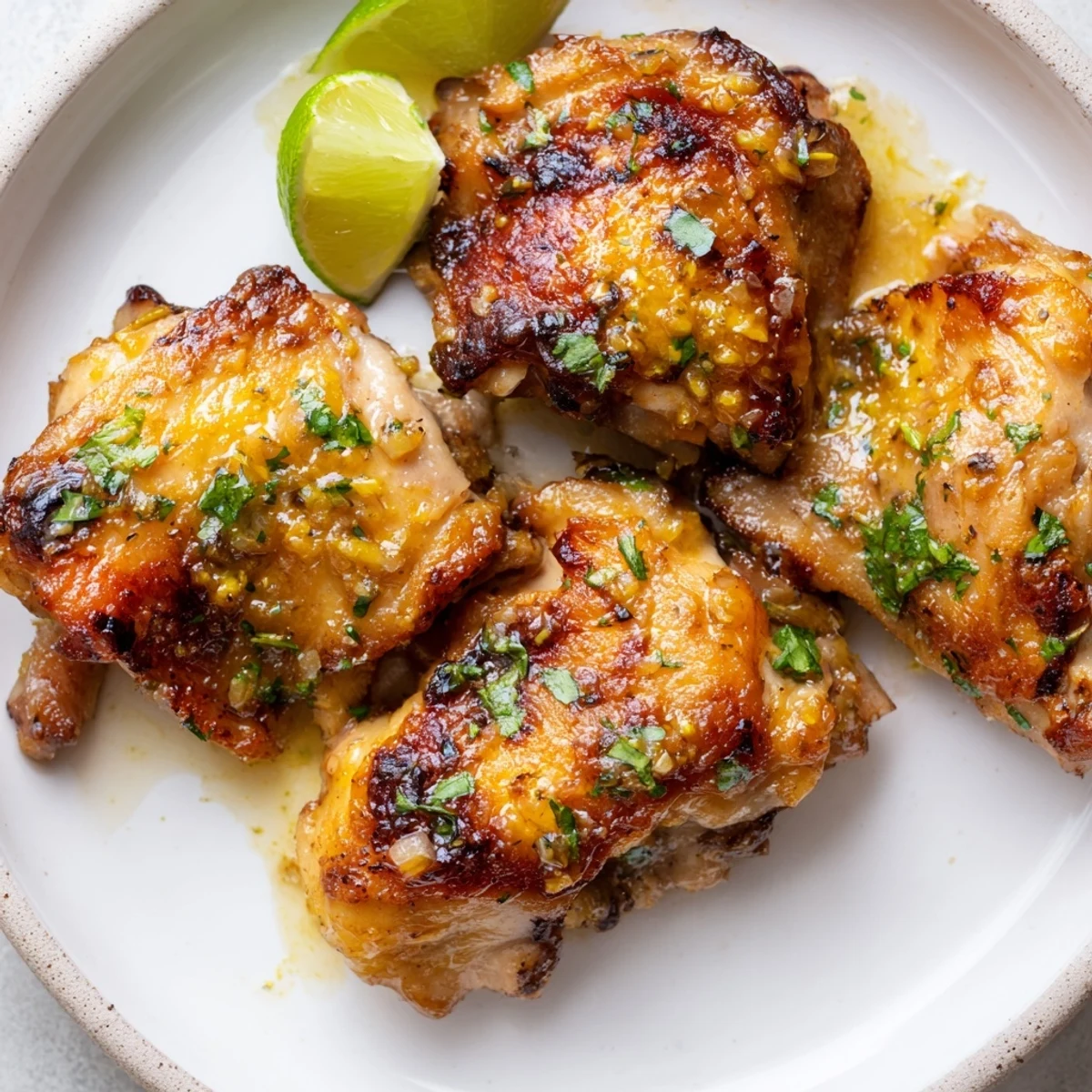 Golden Cuban Mojo Chicken Thighs roasted until crispy with vibrant citrus marinade