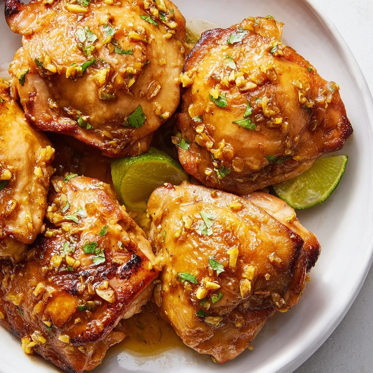 Crispy-skinned Cuban Mojo Chicken Thighs garnished with fresh cilantro and lime wedges