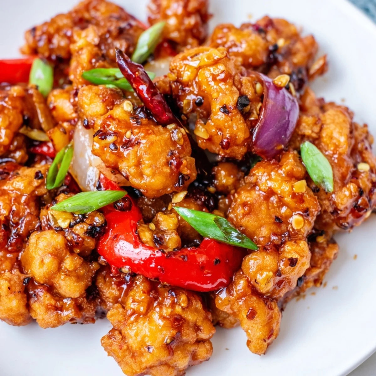 Golden crispy pepper chicken pieces tossed with bell peppers in a savory black pepper glaze