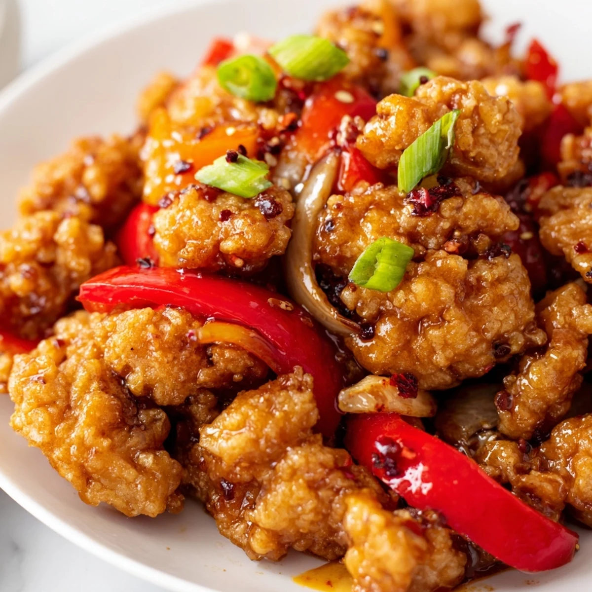 Juicy fried chicken coated in cornstarch crust served with onions and freshly cracked black pepper